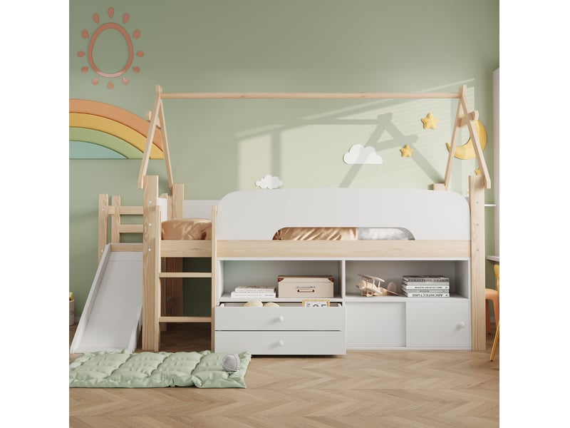 Lit mezzanine enfant tcqpz 90 x 200 cm avec toboggan, cadre toit, rangements et barrières bois et mdf naturel blanc - Conforama E