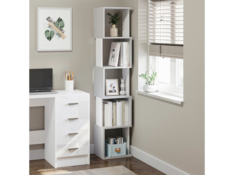  Bibliothèque en forme de s à 5 étagères pour salon ou bureau, 33 x 28 x 161 cm, blanc et gris  - Conforama C