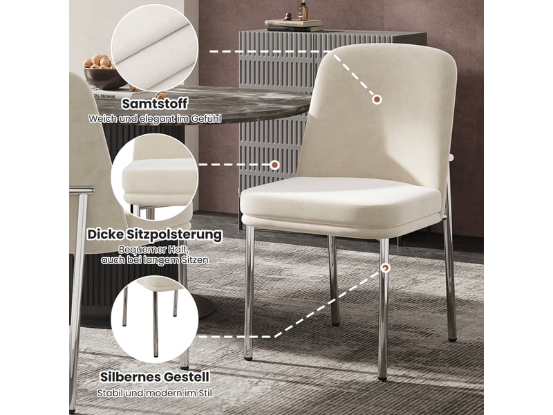  Chaises de salle à manger lot de 4 à assise rembourrée  - piètement métal chromé, velours beige  - Conforama E