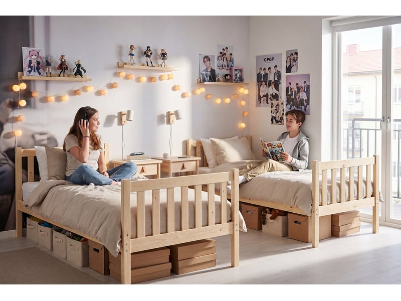  Lit superposé séparable 90x190 cm kacper interbeds - bois massif de pin avec barrière, sommier et tiroir – pin naturel  - Conforama B