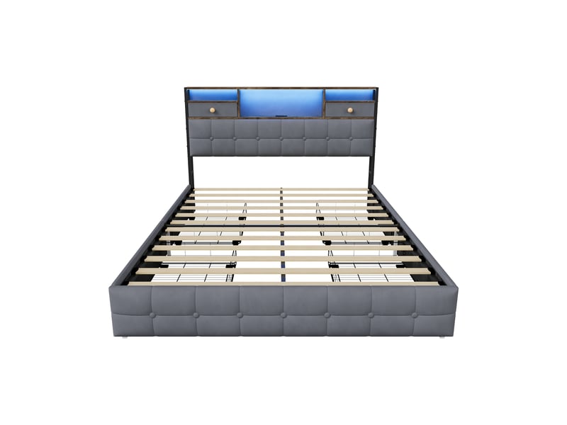  Lit 140x200 avec 4 tiroirs, lit adulte avec led rgb et ports de charge, lit double, tête de lit avec rangement intégré, tissu velours, moderne, gris  - Conforama A
