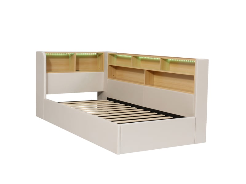  Lit banquette 90x200 cm – beige – coffre hydraulique, led, usb et type-c avec rangements - sans matelas  - Conforama D