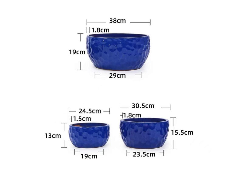  Lot de 3 pots de fleurs en céramique bleu antique, texture martelée, pour intérieur et extérieur, avec drainage  - Conforama C