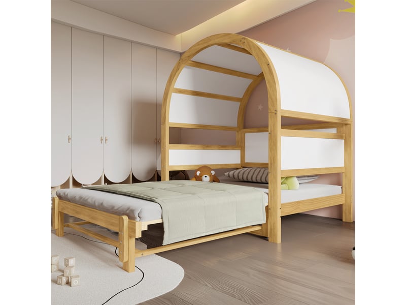  Lit cabane extensible 140 x 200 cm en bois avec lit gigogne, toit voûté, tablette latérale, sommier à lattes, blanc + naturel  - Conforama E