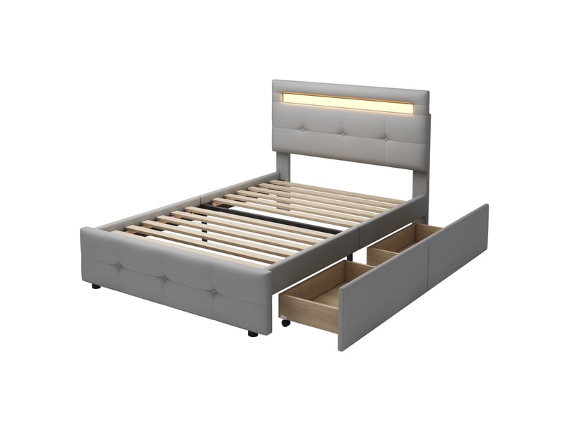  Modenvie lit 1 place capitonné 90x200 cm - avec led et 2 tiroirs, tête de lit réglable - gris  - Conforama A