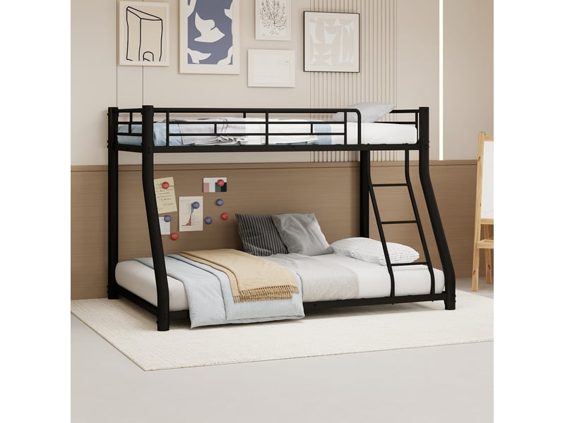  Lit superposé 90 × 190 cm et 140 × 190 cm 2 places avec échelle et barrières, sans matelas, en métal noir  - Conforama C