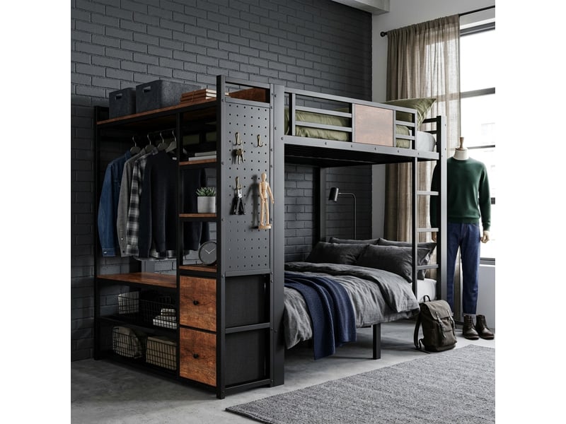  Lit superposé 120x200cm pour 2 couchages, avec armoire, penderie, panneau perforé, tiroirs en tissu et échelle, métal, noir et effet bois vintage evarich - Conforama B