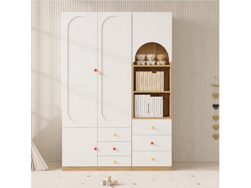  Ensemble armoire 2 portes meuble de rangement 130x50x200 cm, penderie, tiroirs, anti-basculement, mdf blanc naturel  - Conforama E