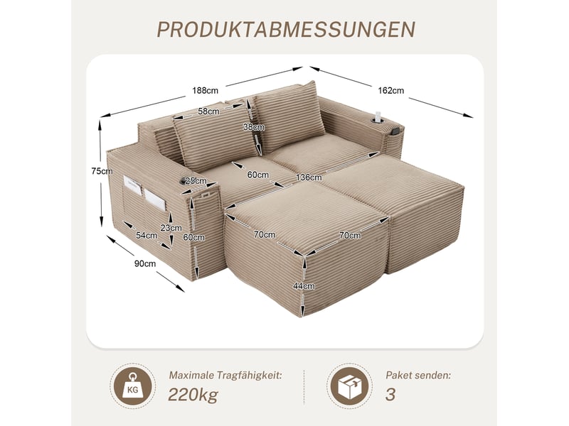  Canapé 2 places avec 2 poufs en velours côtelé kaki 188x162x75 cm  - Conforama C