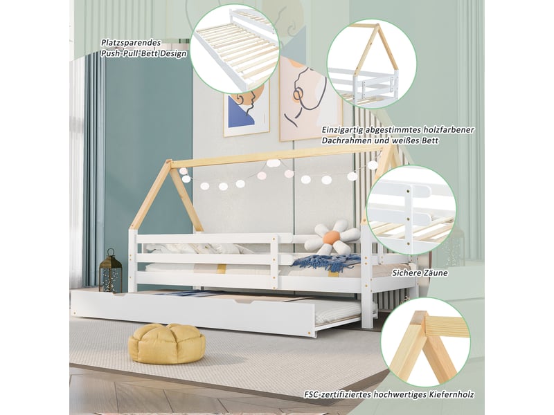  Lit cabane enfant 90×200 cm avec couchage gigogne 90×190 cm et barrières - okmyhome- pin blanc, sans matelas  - Conforama E