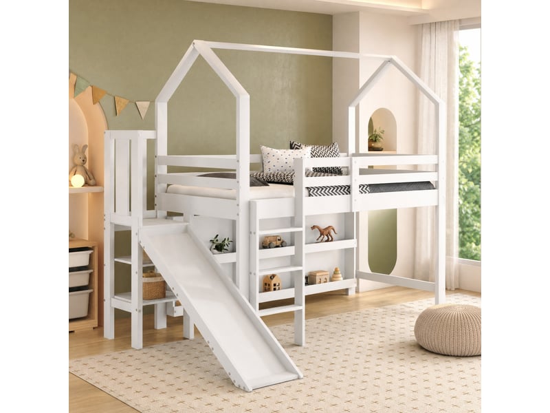  Lit enfant surélevé 90 x 200 cm blanc avec toboggan, escalier et rangements  - Conforama D