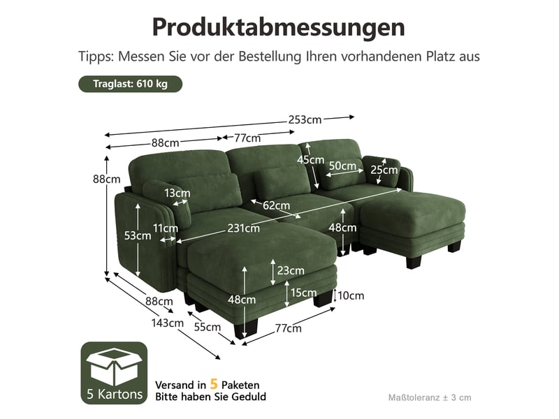  Canapé modulable tcqpz en u 3 places 253 x 143 x 88 cm avec 2 ottomans chenille vert  - Conforama C