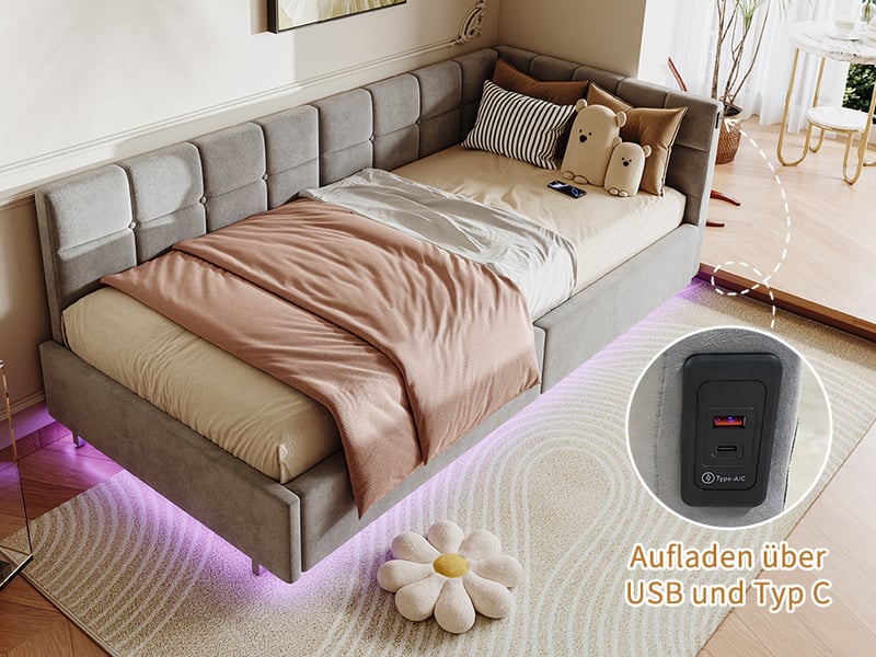  Lit banquette 90x200 cm avec led rgb et usb chargeur, lit jeune avec rangement et tête de lit rembourrée lit simple pour ado avec cadre de lit à lattes gris velours, sans matelas  - Conforama E