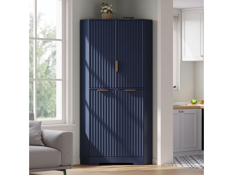 Buffet d'angle - 60x60x172cm - armoire colonne avec 4 portes cannelées ondulées, étagères réglables, anti-basculement - bleu - Conforama B