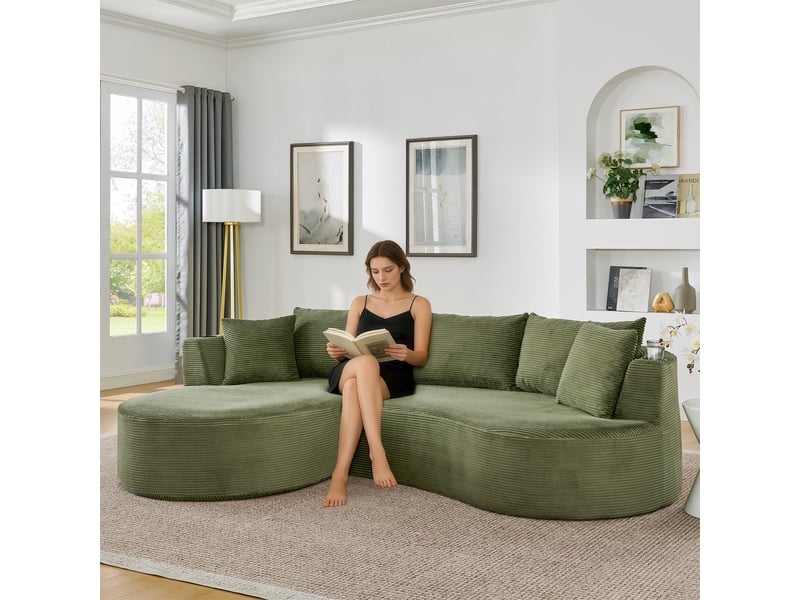  Canapé 3 places méridienne gauche design incurvé velours côtelé avec porte-gobelet vert  - Conforama B