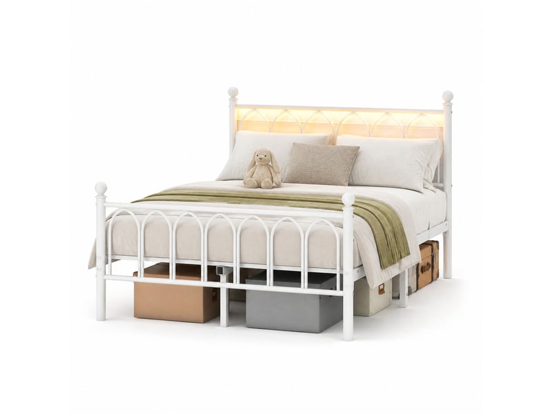  Lit métal 120 × 200 cm 1 place avec led réglable, usb, prise électrique et rangement, sans matelas, blanc  - Conforama A