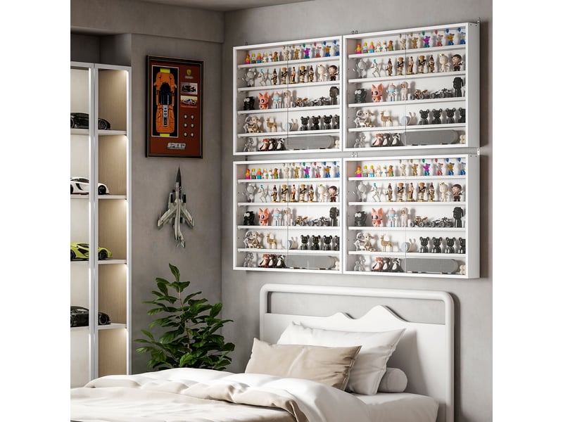 Vitrine murale pour objets de collection 4 étagère réglables en hauteur et 2 portes coulissantes 80 x 9,5 x 60 cm blanc  - Conforama C