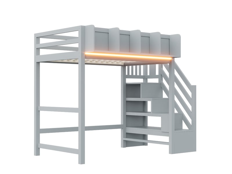  Lit mezzanine 90x200 cm avec rangement intégré et led - lit enfant avec sommier à lattes et barrières de sécurité - bois gris  - Conforama W