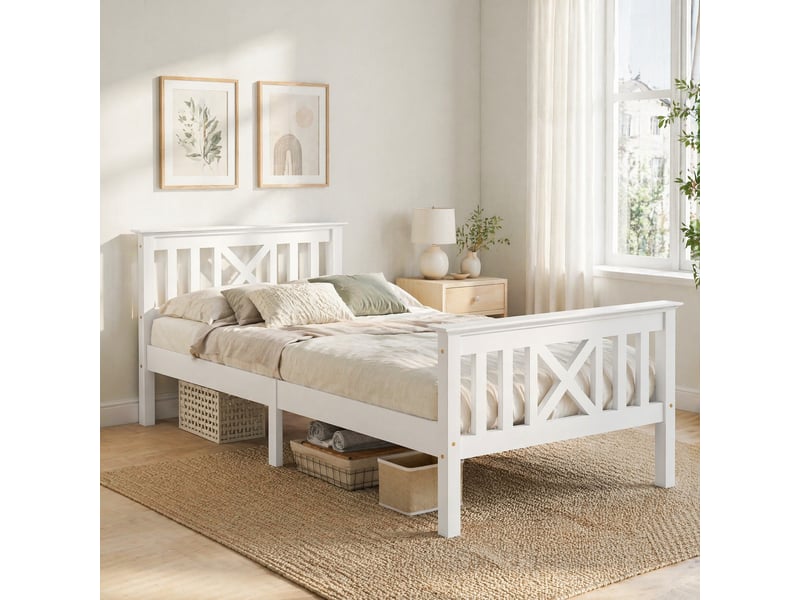  Lit simple 90x200 cm avec tête de lit en x, bois de pin et mdf blanc  - Conforama D