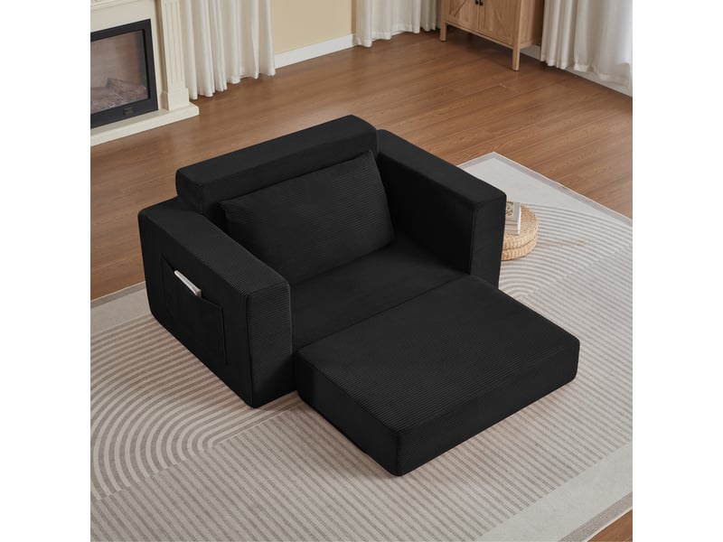  Canapé compressé 2 places convertible - transformable en chaise longue - poche latérale - moderne - velours côtelé - noir CozyNest - Conforama E