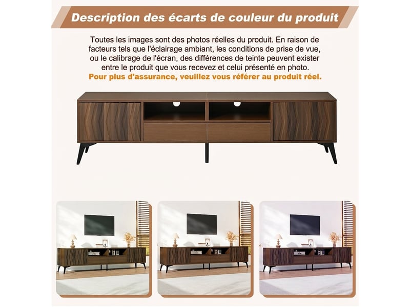  Meuble tv 180 cm noyer 75 pouces - 2 portes 2 tiroirs pieds réglables  - Conforama R