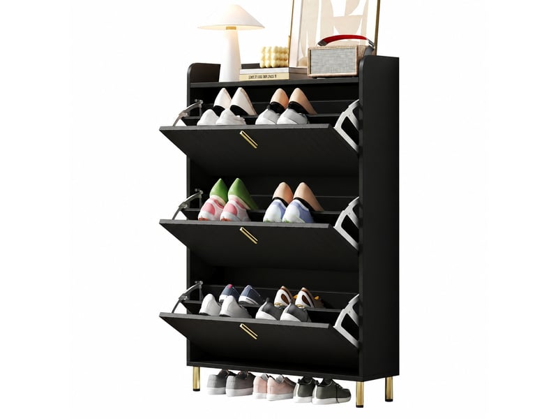 Meuble à chaussures étroit 3 abattants, 6 compartiments, 80 x 23,5 x 123,5 cm, noir mat - Conforama A