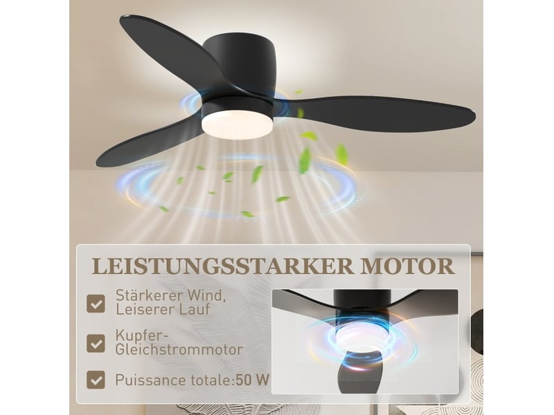  Ventilateur de plafond led ø115 cm, moteur dc réversible, 6 vitesses, télécommande, noir  - Conforama D