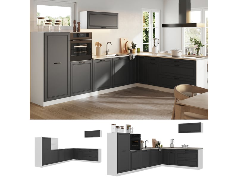  Vicco cuisine en angle, anthracite campagneblanc, 327 x cm plan de travail chêne doré  - Conforama D