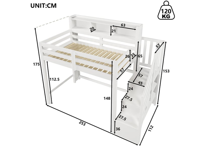  Lit mezzanine modenvie 90 x 200 cm avec led, rangement sous le lit, escalier de rangement, blanc  - Conforama C
