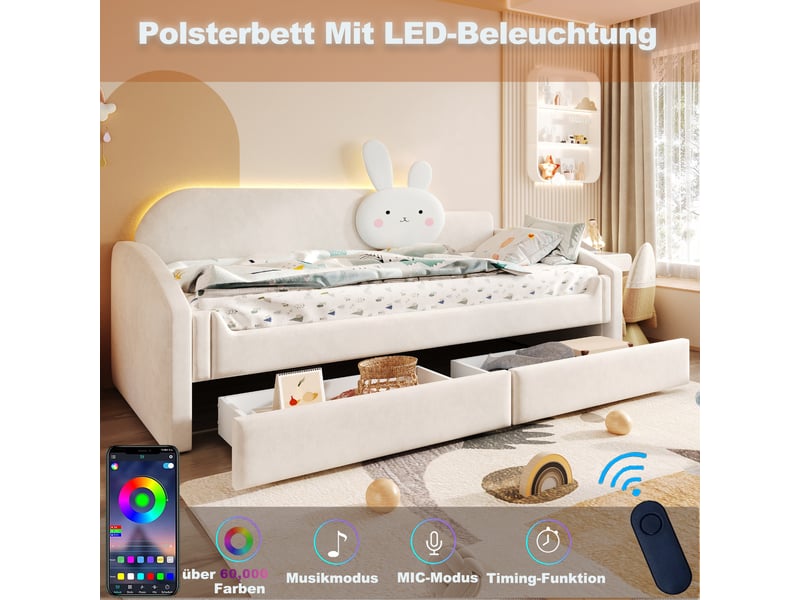 Canapé-lit enfant 90x200 cm avec coussin lapin, led, 2 tiroirs, velours beige, sans matelas - Conforama D