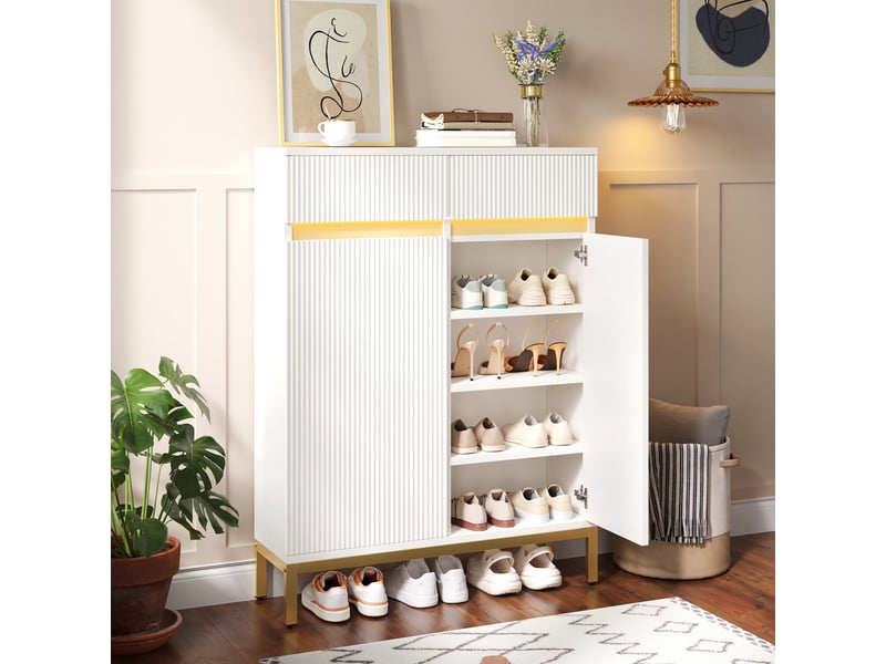  Meuble à chaussures 80x35x103 cm, 2 tiroirs, 2 portes, led et étagères réglables, rangement pratique pour entrée et couloir - blanc  - Conforama D
