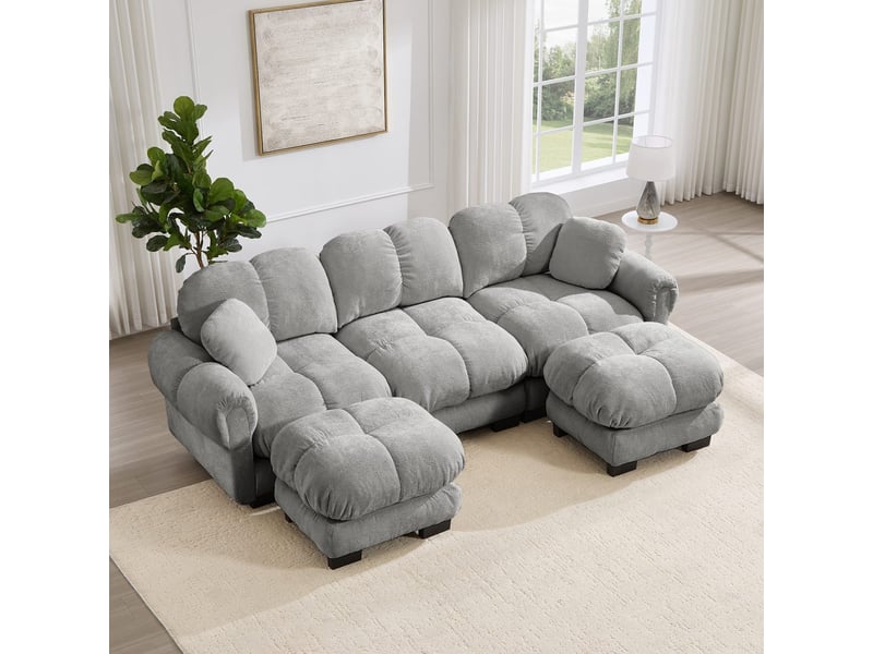  Canapé en u 3 places matelassé, tissu chenille gris clair, avec ottomane mobile et 2 coussins décoratifs SF20260031033 - Conforama D