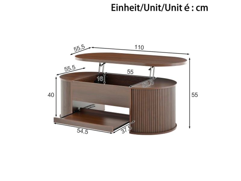  Table basse escamotable avec plateau levable, côtés en bois arrondis et étagère coulissante - meuble salon multifonction  - Conforama C