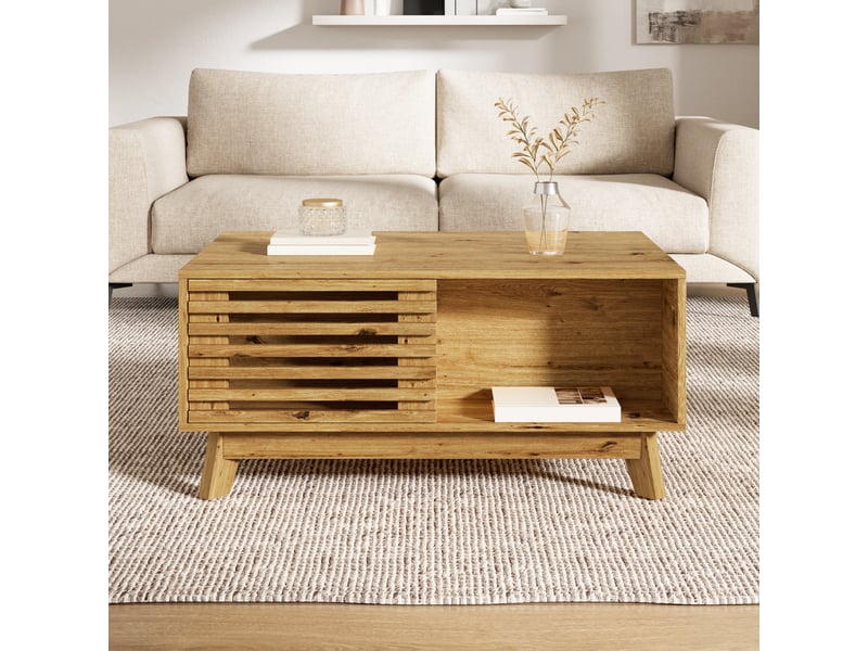  Table basse 90x55x57,5 cm, plateau relevable, porte coulissante à lames, rangement modulable, mdf, effet bois OMNIGLINT TRADING LTD - Conforama B