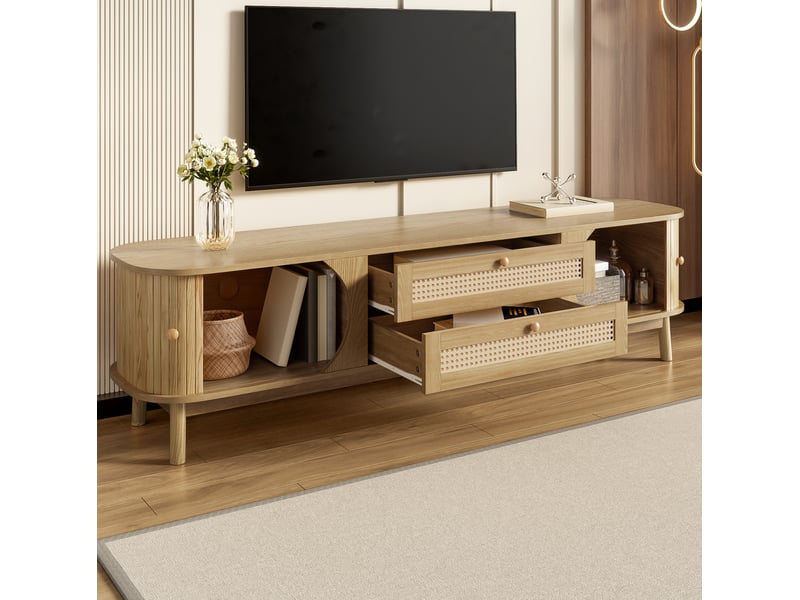  Meuble tv modenvie avec portes coulissantes et 2 tiroirs en rotin 170 x 39,5 x 46 cm naturel  - Conforama D