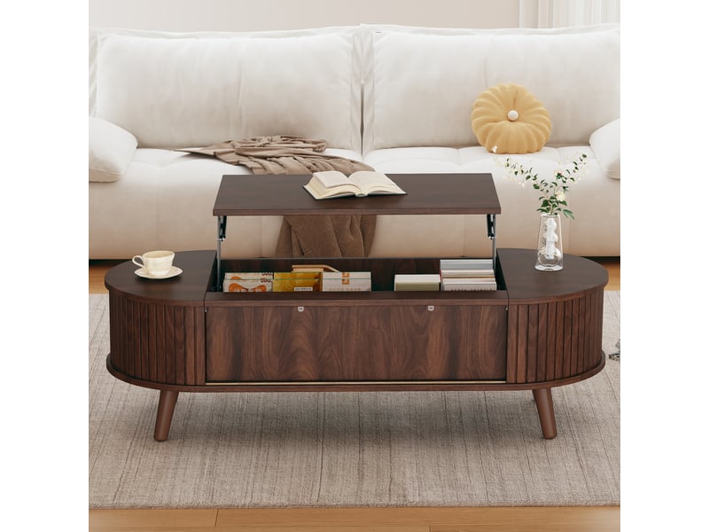  Table basse relevable 120x50x39,5 cm avec rangement caché, table de salon avec 5 espaces de rangement, hauteur relevée 53,5 cm, coloris noyer OPULERANE TRADING LTD - Conforama E