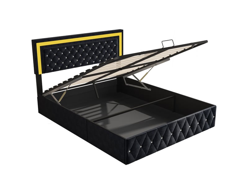  Lit coffre 2 places 160x200 cm, lit adulte avec rangement, tête de lit réglable, lit double, led, velours noir  - Conforama A
