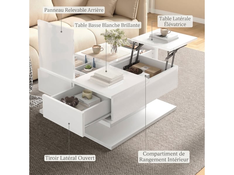  Table basse relevable led carrée 72x72 cm avec rangement et tiroirs, table de salon blanche brillante  - Conforama C