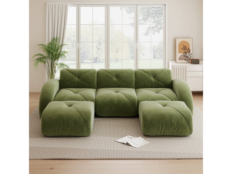  Canapé modulaire en u 3 places avec 2 poufs, assise moelleuse et design sans cadre, en chenille vert  - Conforama C