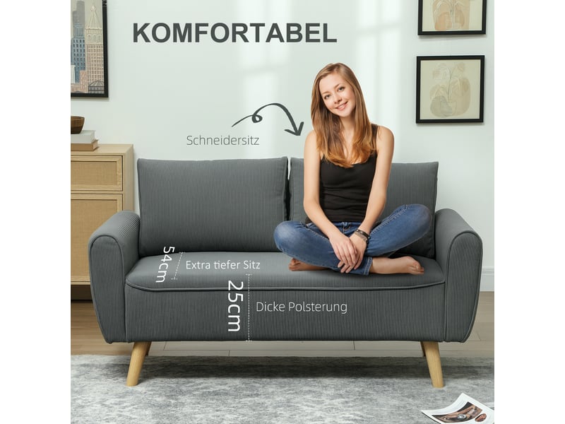  Canapé droit 2 places en velours côtelé 2 coussins anthracite 145 x 75 x 78 cm  - Conforama D
