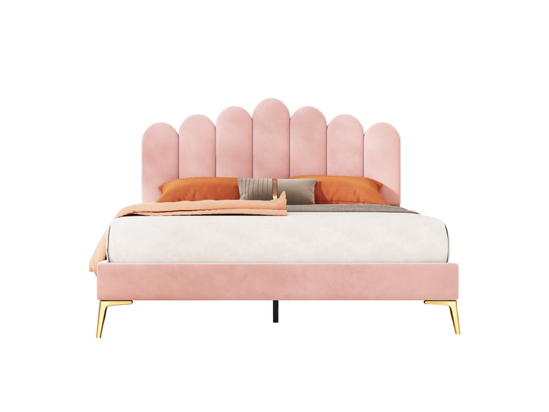  Lit capitonné 140 x 200 cm rose avec tête de lit réglable et sommier à lattes, velours doux  - Conforama A