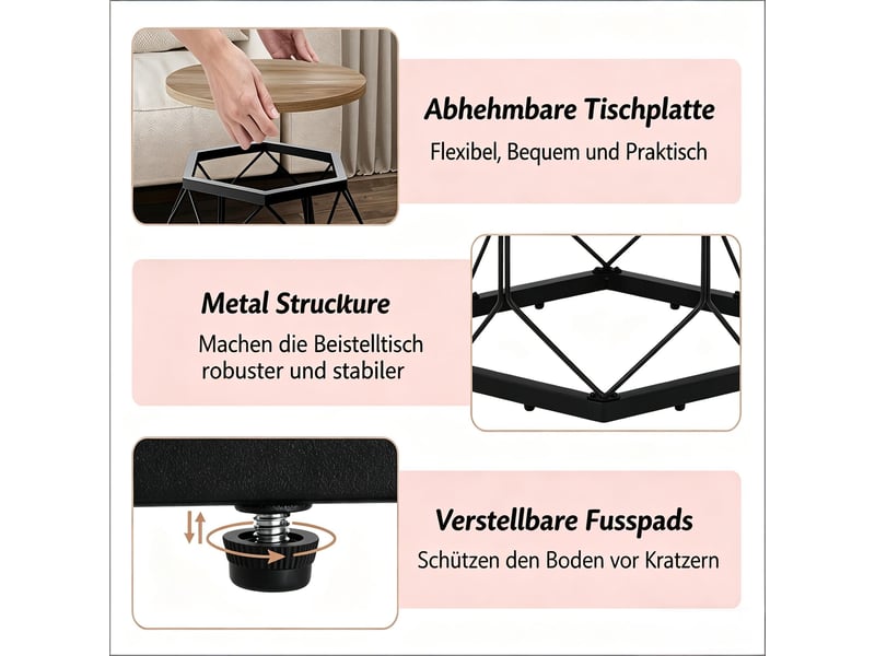  Tables basses gigognes rondes, lot de 2, avec plateaux amovibles et espace de rangement, métal et bois, gris  - Conforama D