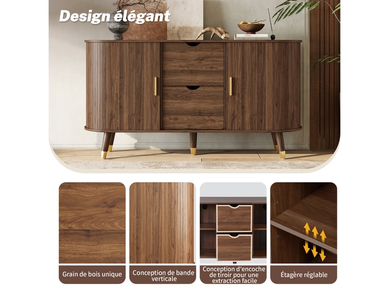  Buffet noyer, 2 tiroirs, rangement, étagères réglables, portes coulissantes, design moderne - mdf et bois - 140x40x79.5cm  - Conforama B