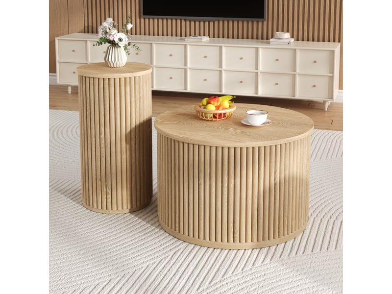  Table basse ronde double ensemble table basse bois nature mdf avec rayures 3d pour salon  - Conforama D