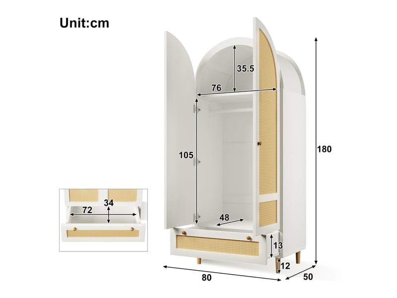  Armoire de rangement modenvie 80 x 50 x 180 cm blanche en mdf aspect rotin avec penderie et tiroir  - Conforama C
