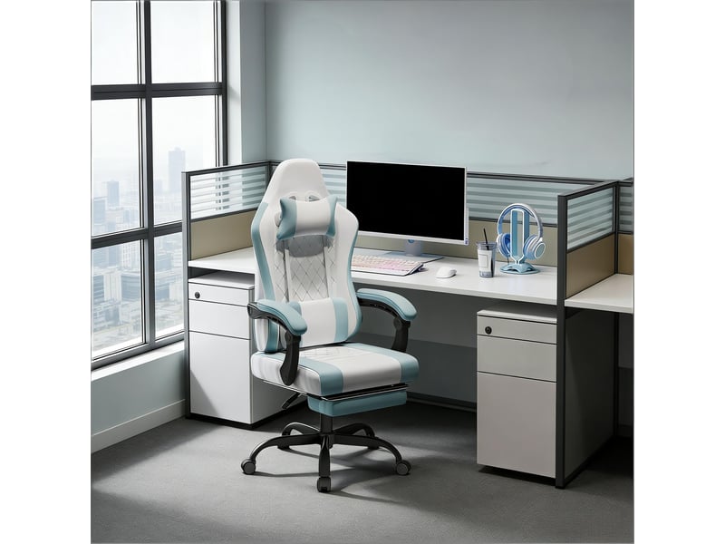 Chaise de bureau ergonomique pivotante avec massage lombaire, dossier inclinable, tissu mesh, bleu et blanc, 70x70x127 cm - Conforama R