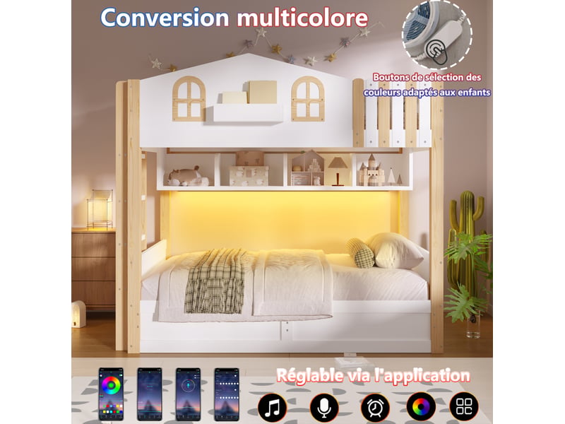  Lit superposé 90 × 200 cm 2 places avec coffre hydraulique, led et étagères, sans matelas, blanc et chêne  - Conforama E