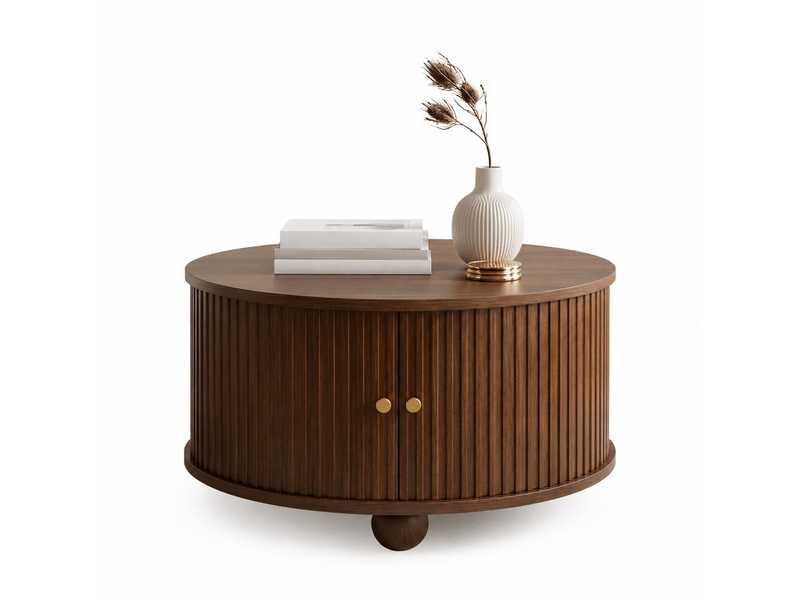  Table basse rond 72x72x38 cm ,2 portes coulissantes,4 compartiments,meuble salon avec relief vertical, pieds métal sphériques, mdf, noyer BUYDEEMEUS - Conforama A