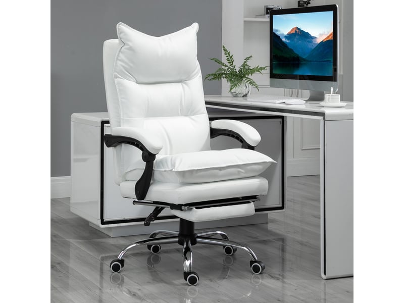  Chaise de bureau ergonomique avec accoudoirs, repose-pieds, pivotante et réglable en hauteur, revêtue de similicuir, blanche.  - Conforama D