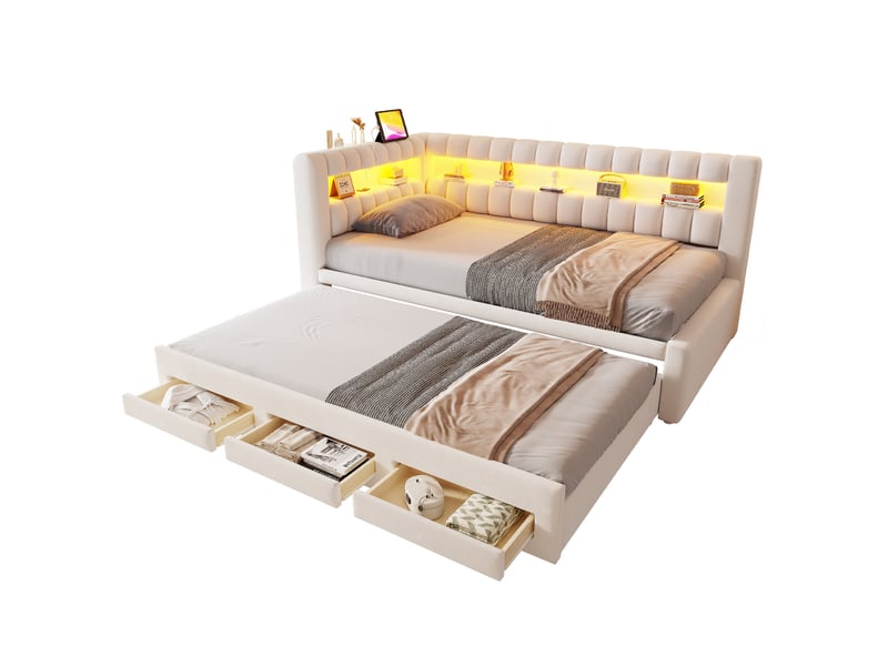  Lit gigogne 90x190 cm avec rangement, led et usb-c, velours beige, sans matelas  - Conforama A